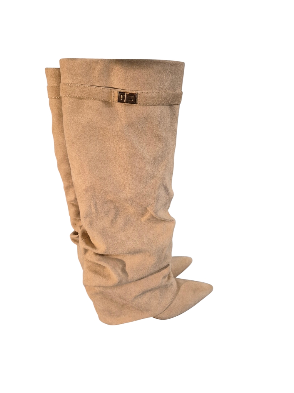 Over-the-Knee Slouchy Pointed-Toe Boots in Taupe